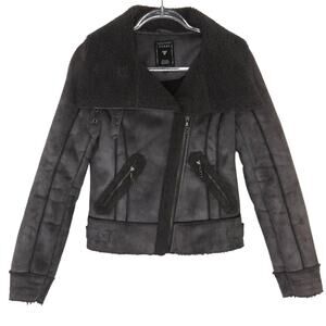 Y2k Guess Gray Suede Shearling Moto Jacket Faux Fur Lining Extra Small XS